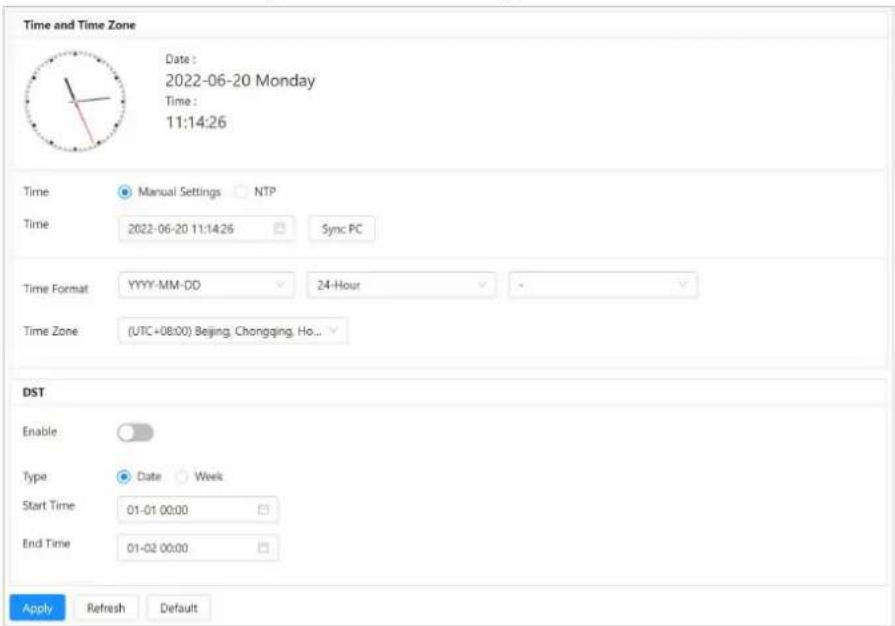 Time and Time Zone Date : 2022-06-20 Monday Time : 11:14:26 Time Manual Settings NTP Time 2022-06-20 11:14:26 Sync PC Time Format YYYY-MM-DD 24-Hour Time Zone (UTC+08:00) Beijing, Chongqing, Ho... DST Enable Type Date Week Start Time 01-01 00:00 End Time 01-02 00:00 Apply Refresh Default