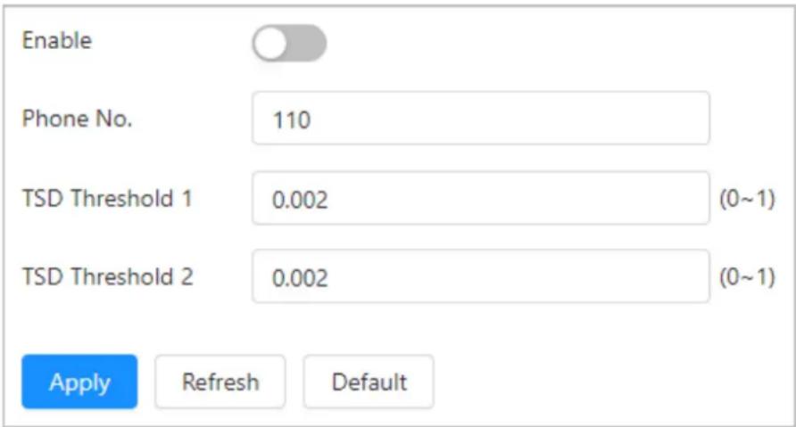 Enable Phone No. 110 TSD Threshold 1 0.002 (0~1) TSD Threshold 2 0.002 (0~1) Apply Refresh Default