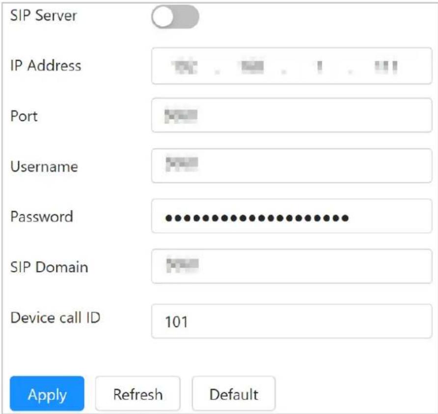 SIP Server IP Address Port Username Password SIP Domain Device call ID 101 Apply Refresh Default