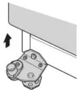 Mechanical component diagram showing a bracket with mounting holes and a directional arrow (no text or symbols).