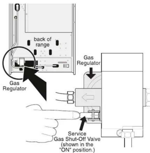 back of range Gas Regulator Gas Regulator Service Gas Shut-Off Valve (shown in the "ON" position.)