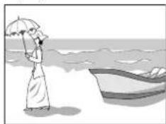 Illustration of a person in traditional attire holding an umbrella, standing near a boat on water (no text or symbols)