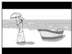 Illustration of a person in traditional attire holding an umbrella, standing by a boat on water with mountains in the background (no text or symbols)