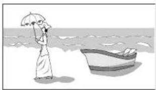 Illustration of a person in traditional attire holding an umbrella near a small boat on the sea (no text or symbols)