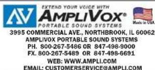 EXTEND YOUR VOICE WITH AMPLiVOX® PORTABLE SOUND SYSTEMS 3995 COMMERCIAL AVE., NORTHBROOK, IL 60062 AMPLiVOX PORTABLE SOUND SYSTEMS PH. 800-267-5486 OR 847-498-9000 FX. 800-267-5489 OR 847-498-6691 WEB: WWW.AMPLI.COM EMAIL: CUSTOMERSERVICE@AMPLI.COM