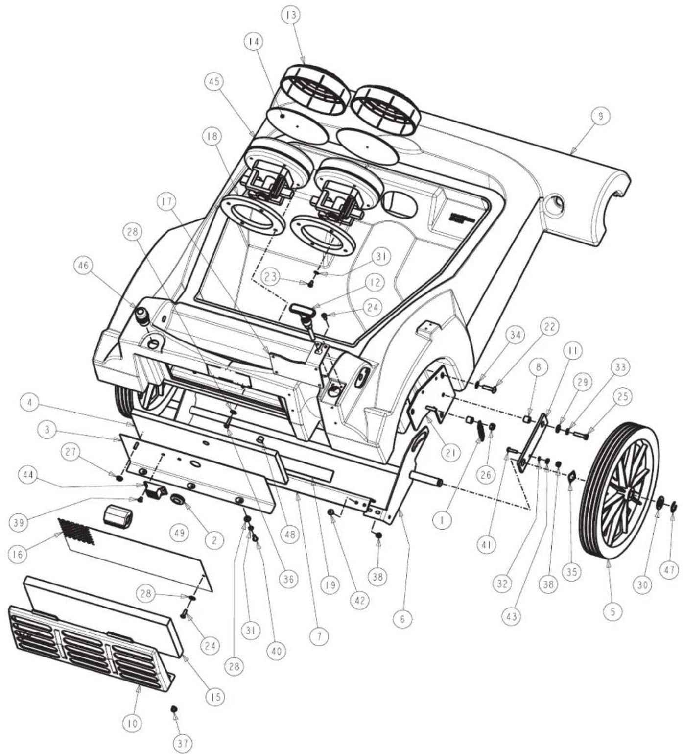 Technical diagram of a vehicle chassis with numbered components for identification and assembly reference.