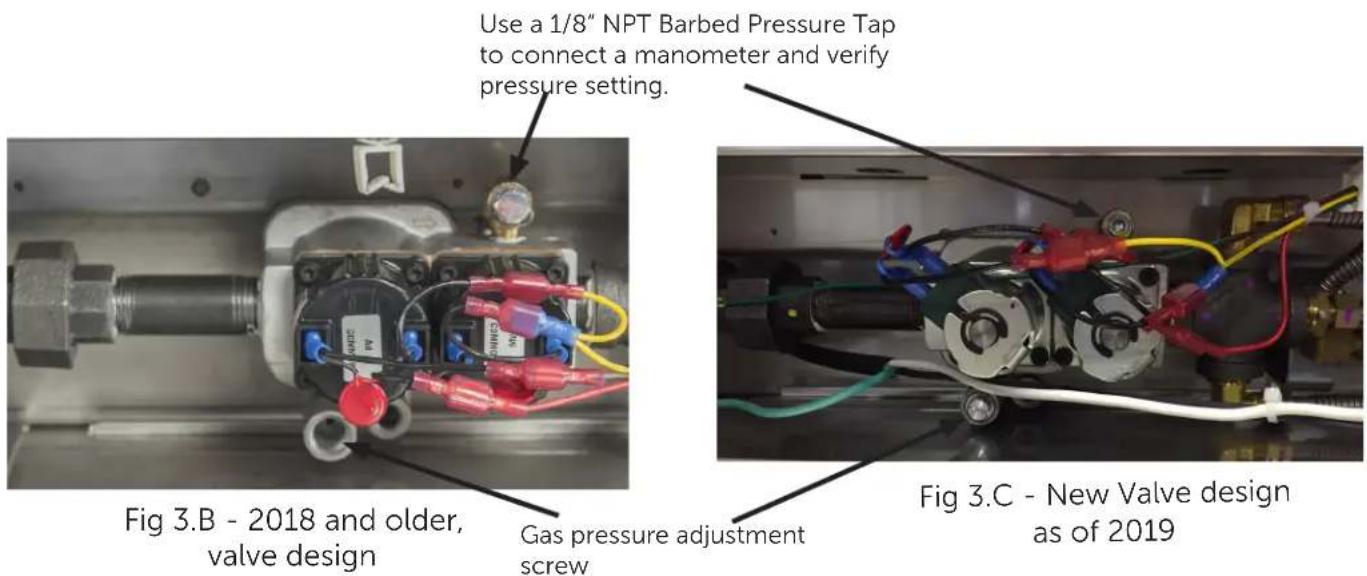 Use a 1/8" NPT Barbed Pressure Tap to connect a manometer and verify pressure setting. Fig 3.B - 2018 and older, valve design Gas pressure adjustment screw Fig 3.C - New Valve design as of 2019
