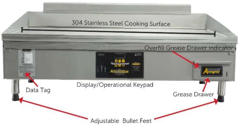 304 Stainless Steel Cooking Surface Overfill Grease Drawer Indicator Data Tag Display/Operational Keypad Grease Drawer Adjustable Bullet Feet