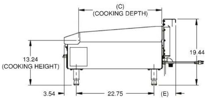 (C) (COOKING DEPTH) 13.24 (COOKING HEIGHT) 3.54 22.75 (E) 19.44