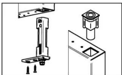 Technical line drawing of mechanical components including a bracket, mounting base, and cylindrical component (no text or symbols)