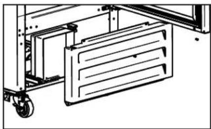Technical line drawing of a mechanical assembly with wheels and a panel (no text or symbols)