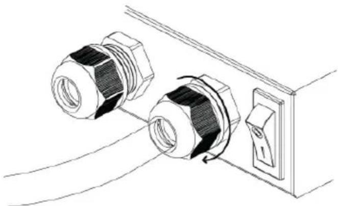Technical line drawing of two bolted connectors connected to a switch (no text or symbols)