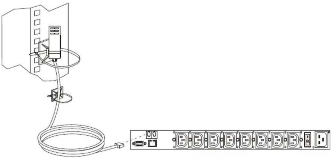 Line drawing of a cable being inserted into an electronic device, with a separate panel showing multiple ports (no text or symbols present)