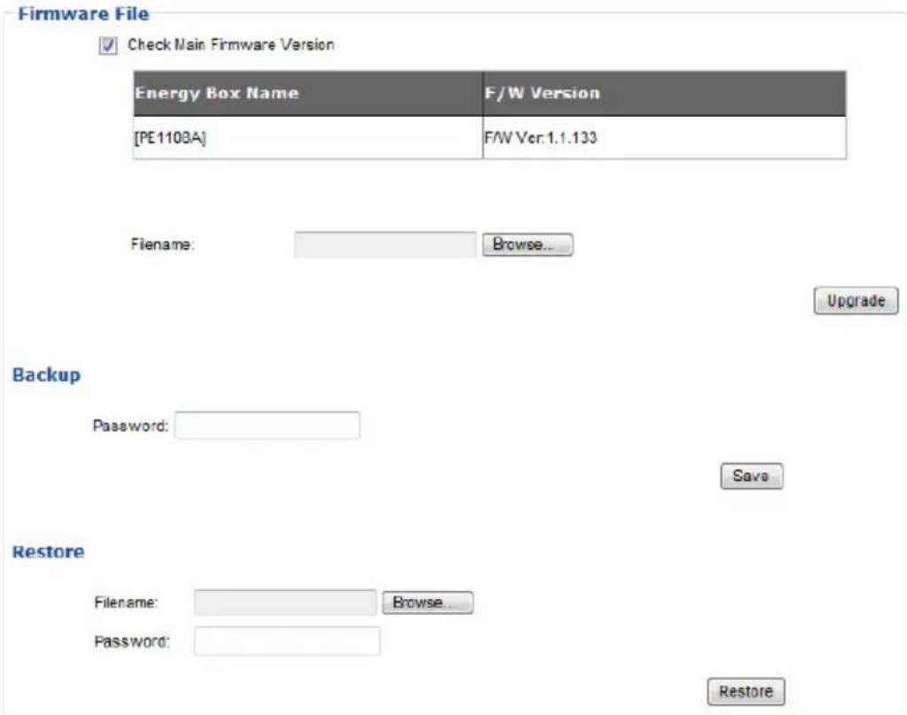 Firmware File ✓ Check Main Firmware Version Energy Box Name F/W Version [PE1103A] F/W Ver.1.1.133 Filename: Browse... Backup Password: Save Restore Filename: Browse... Password: Restore