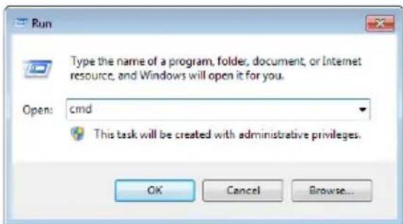 Run Type the name of a program, folder, document, or Internet resource, and Windows will open it for you. Open: cmd This task will be created with administrative privileges. OK Cancel Browse...