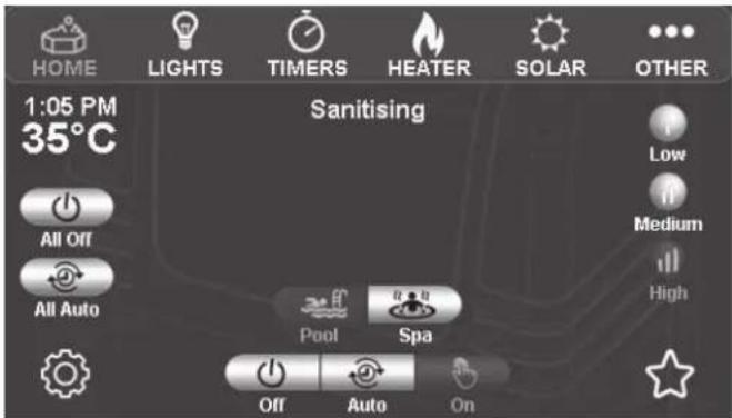 HOME LIGHTS TIMERS HEATER SOLAR OTHER 1:05 PM 35°C Sanitising Low Medium High All Off All Auto Pool Spa Off Auto On