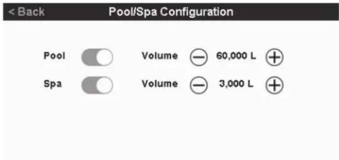 < Back Pool/Spa Configuration Pool Volume 60,000 L Spa Volume 3,000 L