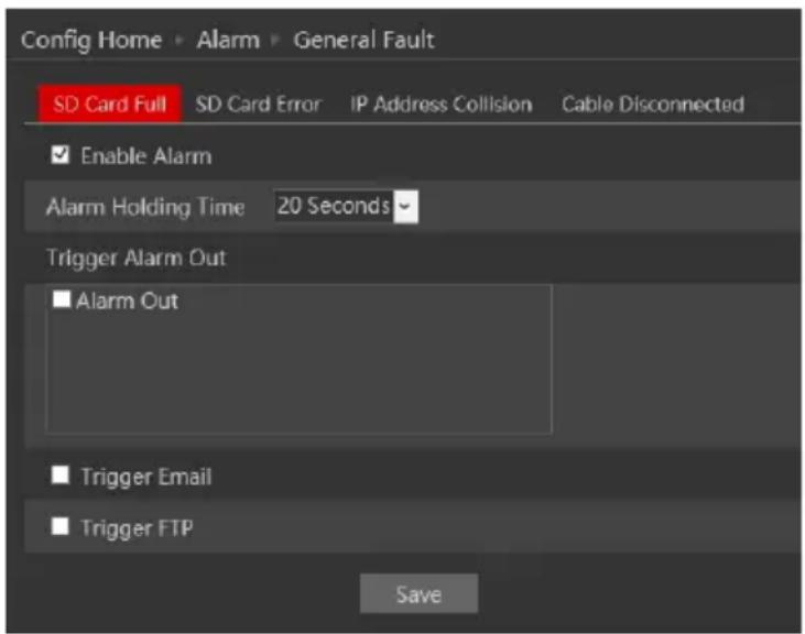 Config Home > Alarm > General Fault SD Card Full SD Card Error IP Address Collision Cable Disconnected Enable Alarm Alarm Holding Time 20 Seconds Trigger Alarm Out ■ Alarm Out ■ Trigger Email ■ Trigger FTP Save