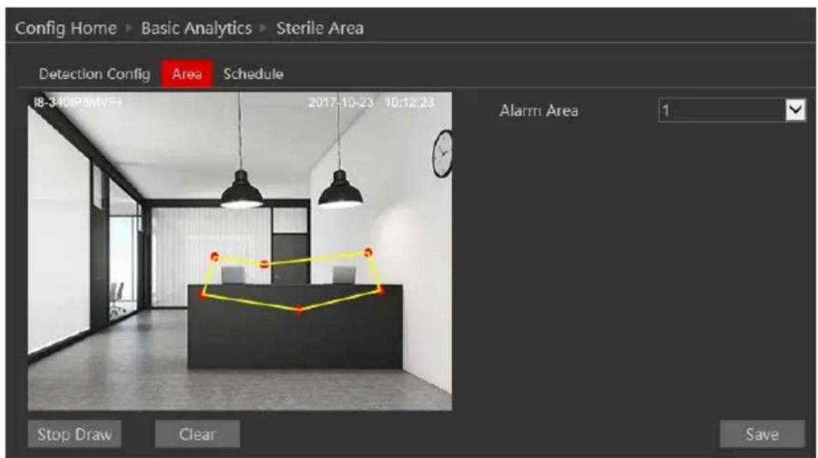 Config Home ▶ Basic Analytics ▶ Sterile Area Detection Config Area Schedule 18-3/01P5MVF+ 2017-10-23 10:12:23 Alarm Area 1 Stop Draw Clear Save