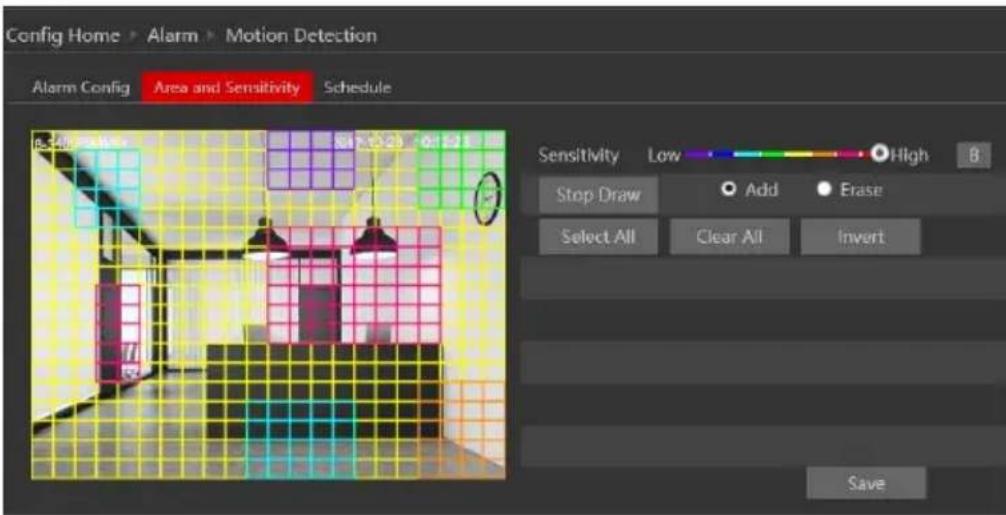 Config Home > Alarm > Motion Detection Alarm Config Area and Sensitivity Schedule B.540 PRAWK Sensitivity Low High B Stop Draw Add Erase Select All Clear All Invert Save