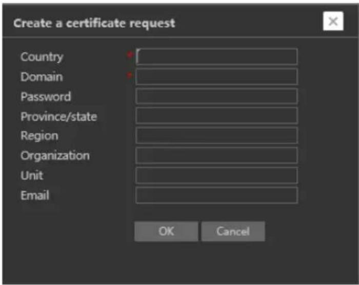 Create a certificate request Country Domain Password Province/state Region Organization Unit Email OK Cancel