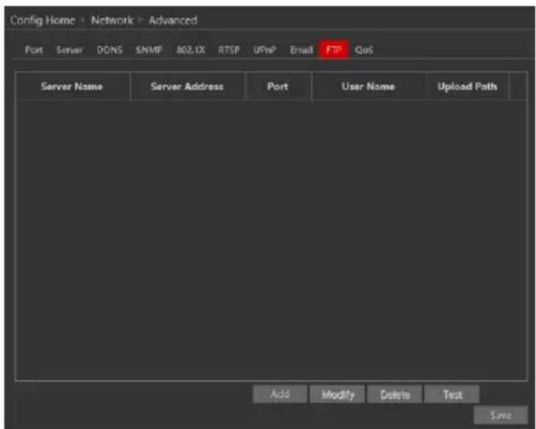 Config Home > Network > Advanced Port Server DDNS SNMP 802.1X RTSP UPnP Email FTP QoS Server Name Server Address Port User Name Upload Path Add Modify Delete Test Save