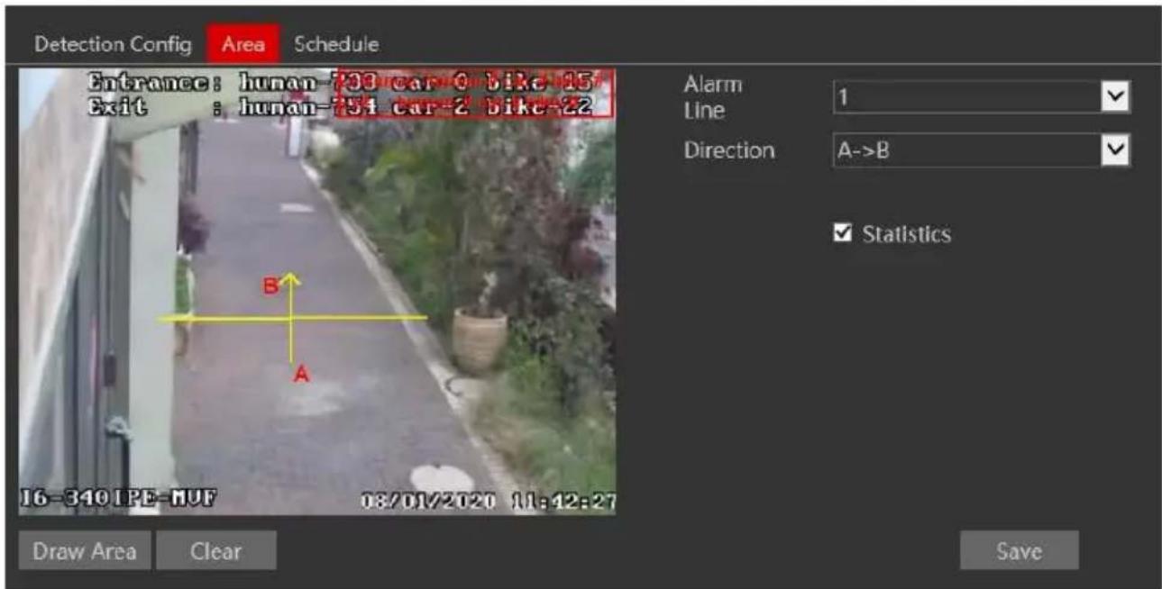 Detection Config Area Schedule Entrance: lunan-700 car 0 bike 15 Exit : lunan-751 car-2 bike-22 Alarm 1 Line Direction A->B ✓ Statistics 16-3401PE-MUF 03/01/2020 11:42:27 Draw Area Clear Save