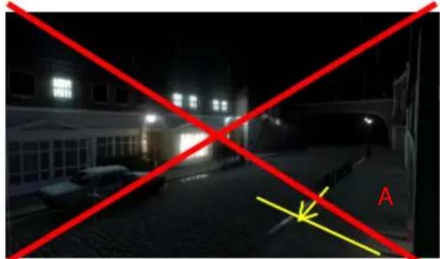 Night street scene with illuminated buildings, parked cars, and red crosshair overlay with yellow arrow and letter 'A'