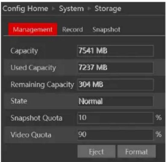 Config Home ▶ System ▶ Storage Management Record Snapshot Capacity 7541 MB Used Capacity 7237 MB Remaining Capacity 304 MB State Normal Snapshot Quota 10 % Video Quota 90 % Eject Format