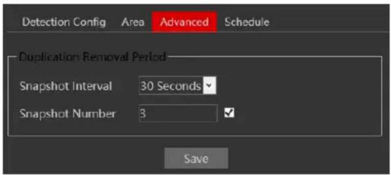 Detection Config Area Advanced Schedule Duplication Removal Period Snapshot Interval 30 Seconds Snapshot Number 3 Save