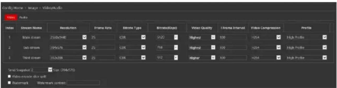 Config Name - Image - Video/Audio Video - Audio Index Stream Name Resolution Frame Rate Bitrate Type Bitrate(Kbps) Video Quality I Frame Interval Video Compression Profile 1 Main stream 250x740 25 CCR 5120 Highest 100 H264 High Profile 2 Sub stream 794x76 25 CBR 798 Highest 100 H264 High Profile 3 Third stream 152x298 25 CBE 512 Higher 100 H264 High Profile Send Snapshot 2 Size: (794x576) Video-encode slice split Watermark Watermark context