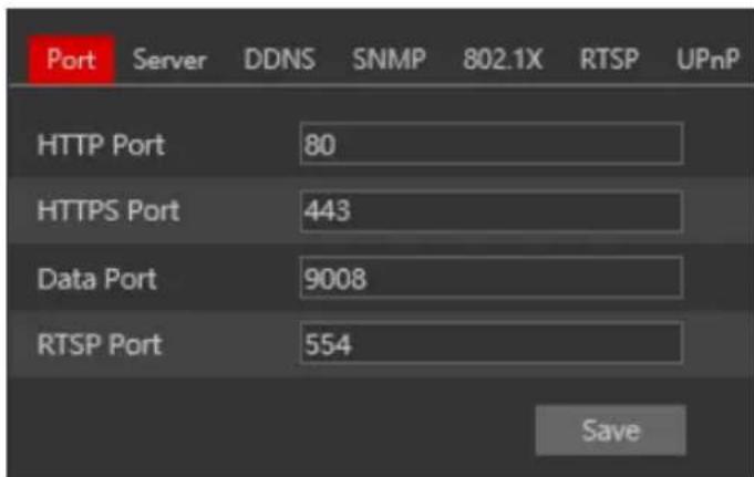 Port Server DDNS SNMP 802.1X RTSP UPnP HTTP Port 80 HTTPS Port 443 Data Port 9008 RTSP Port 554 Save