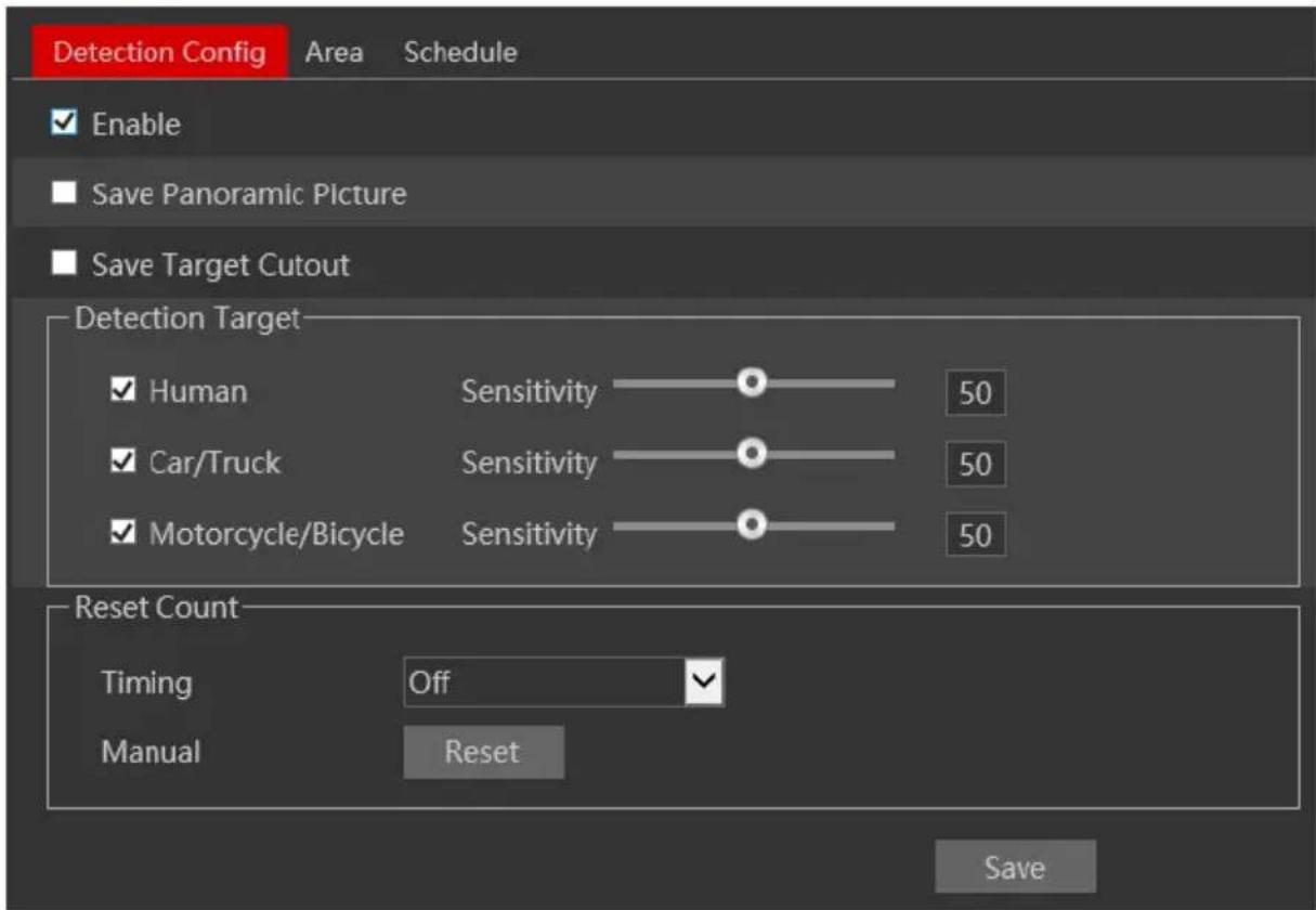 Detection Config Area Schedule Enable Save Panoramic Picture Save Target Cutout Detection Target ✓ Human Sensitivity 50 ✓ Car/Truck Sensitivity 50 ✓ Motorcycle/Bicycle Sensitivity 50 Reset Count Timing Off Manual Reset Save