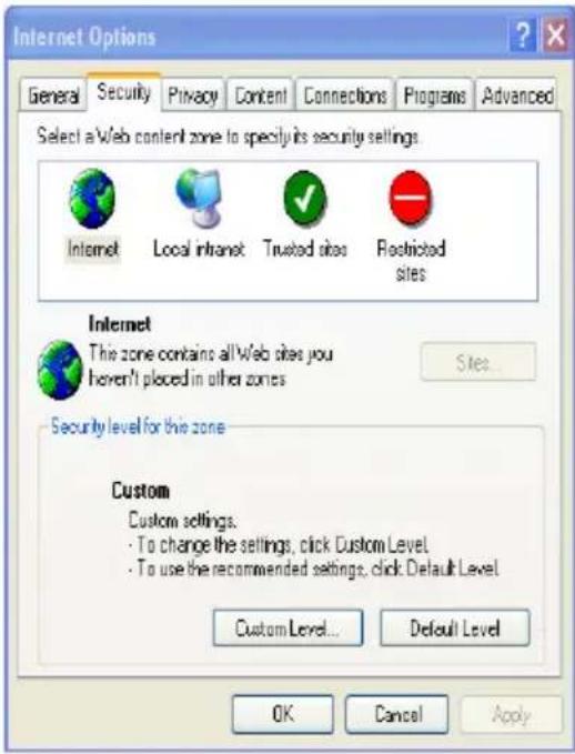 Internet Options General Security Privacy Content Connections Programs Advanced Select a Web content zone to specify its security settings. Internet Local Intranet Trusted sites Restricted sites Internet This zone contains all Web sites you hoven't placed in other zones Security level for this zone Custom Custom settings: • To change the settings, click Custom Level • To use the recommended settings, click Default Level Custom Level... Default Level OK Cancel Apply