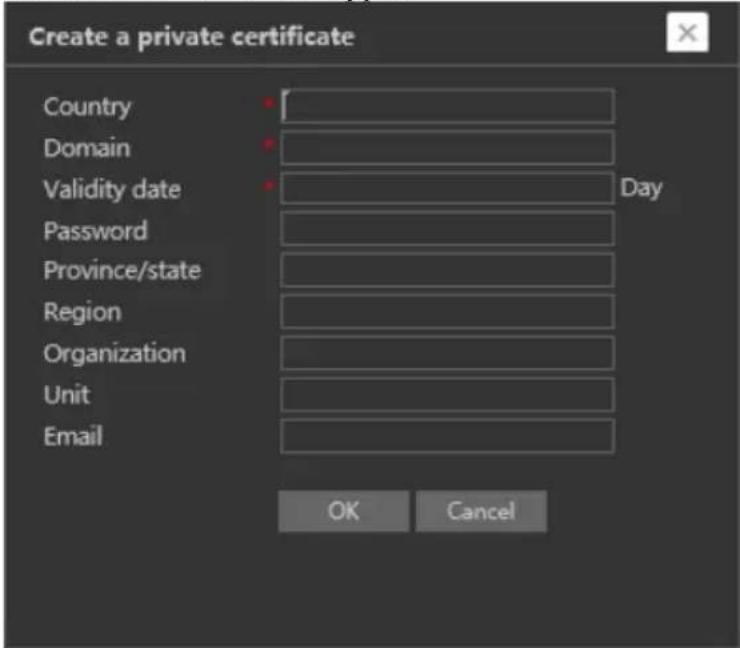 Create a private certificate Country Domain Validity date Password Province/state Region Organization Unit Email Day OK Cancel