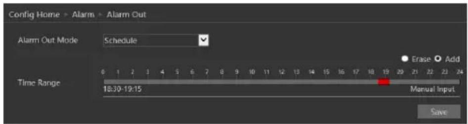 Config Home > Alarm > Alarm Out Alarm Out Mode Schedule Time Range 18:30-19:15 Manual Input Erase Add Save