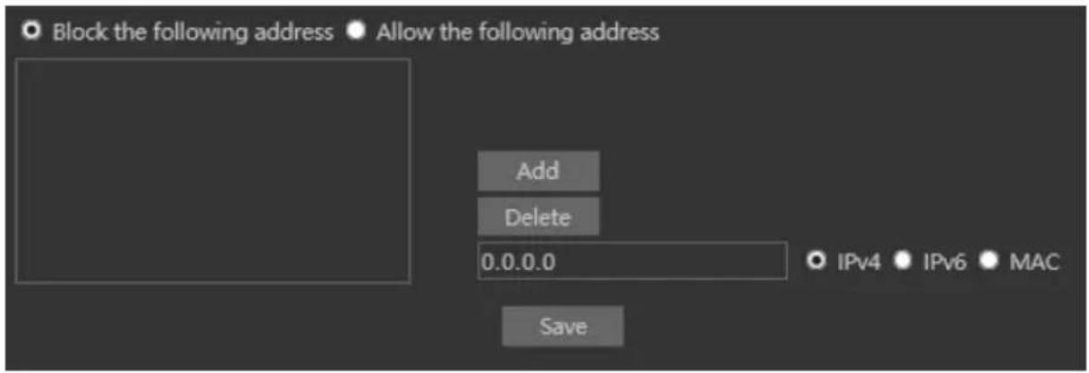 Block the following address Allow the following address Add Delete 0.0.0.0 IPv4 IPv6 MAC Save