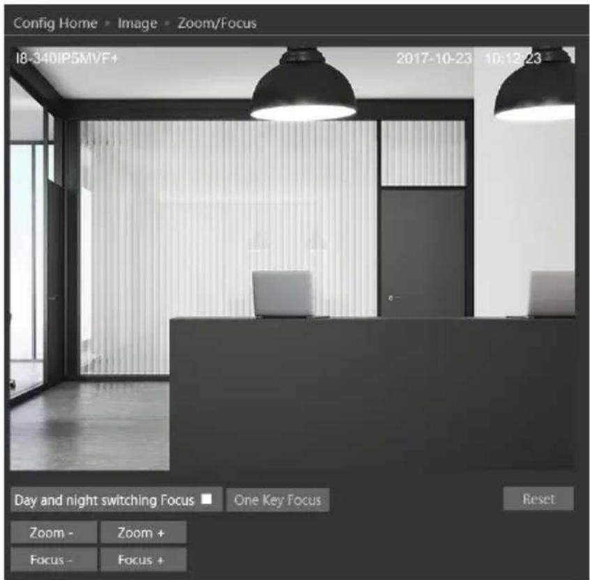 Config Home > Image > Zoom/Focus 18-340IP5MVF+ 2017-10-23 10:12:23 Day and night switching Focus ■ One Key Focus Reset Zoom - Zoom + Focus - Focus +