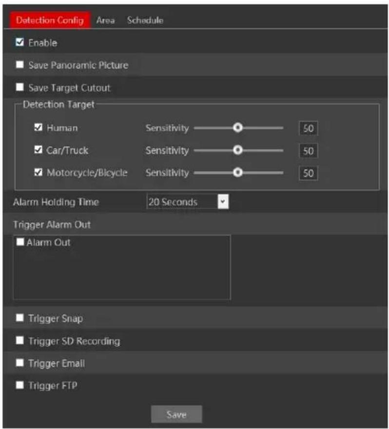 Detection Config Area Schedule Enable Save Panoramic Picture Save Target Cutout Detection Target Human Sensitivity 50 Car/Truck Sensitivity 50 Motorcycle/Bicycle Sensitivity 50 Alarm Holding Time 20 Seconds Trigger Alarm Out Alarm Out Trigger Snap Trigger SD Recording Trigger Email Trigger FTP Save