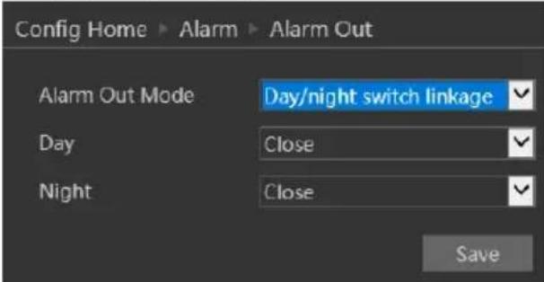 Config Home ▶ Alarm ▶ Alarm Out Alarm Out Mode Day/night switch linkage Day Close Night Close Save