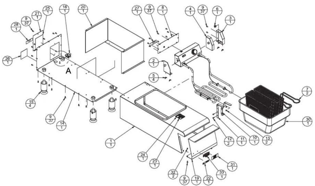 Exploded view diagram of a mechanical assembly with numbered components and labeled parts