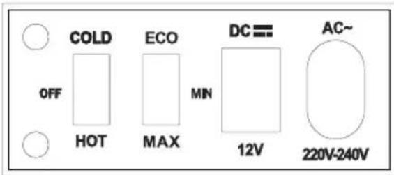 COLD ECO DC= OFF HOT MAX MIN 12V AC~ 220V-240V