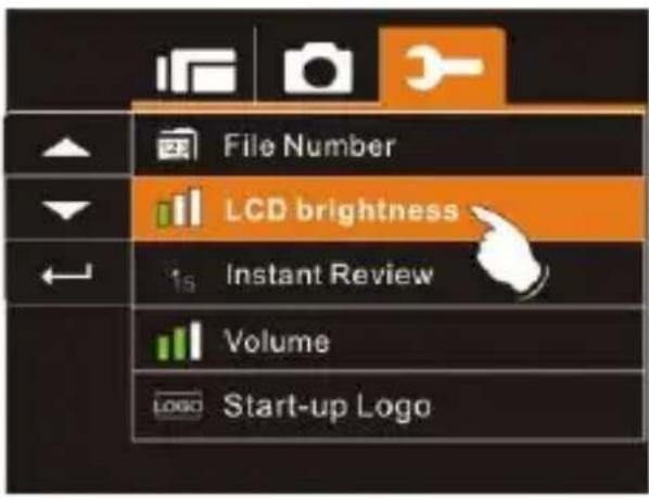 File Number LCD brightness Instant Review Volume Start-up Logo