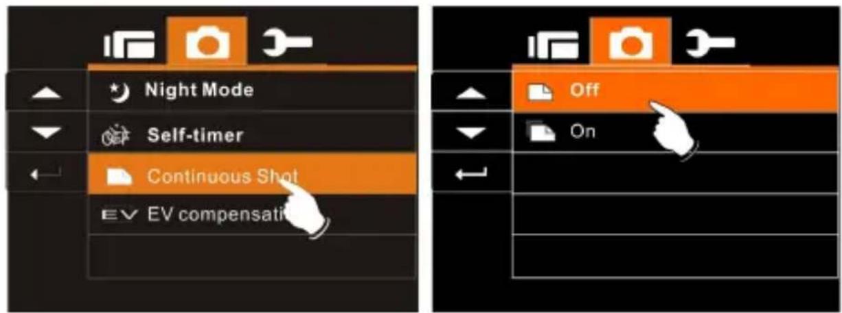 Night Mode Self-timer Continuous Shot EV compensatior Off On