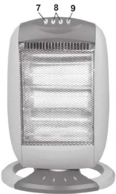 Illustration of a portable solar heating unit with labeled parts (7, 8, 9), no text or symbols on the device itself.