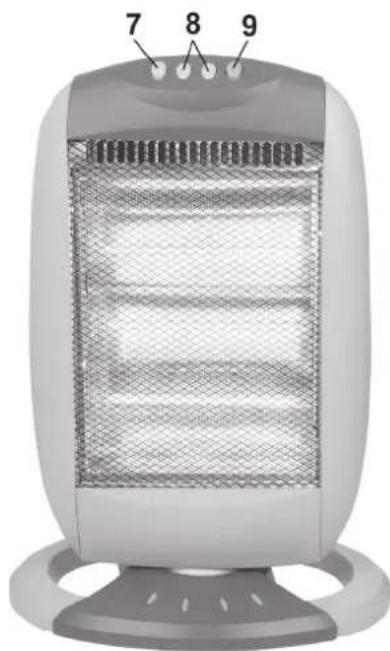 Illustration of a portable solar heating unit with labeled parts (7, 8, 9), no text or symbols on the device itself.