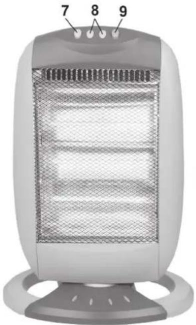 Illustration of a portable solar heating unit with labeled parts (7, 8, 9), no text or symbols on the device itself.