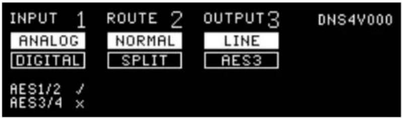 INPUT 1 ROUTE 2 OUTPUT3 DNS4V000 ANALOG NORMAL LINE DIGITAL SPLIT AES3 AES1/2 ✓ AES3/4 ✗