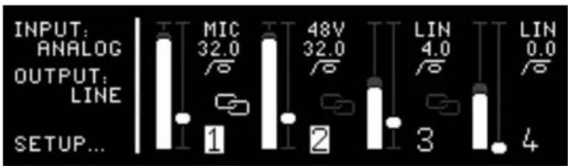 INPUT: ANALOG OUTPUT: LINE SETUP... MIC 32.0 /8 48V 32.0 /8 LIN 4.0 /8 LIN 0.0 /8 1 2 3 4