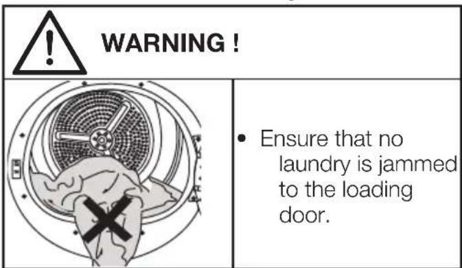 WARNING! Ensure that no laundry is jammed to the loading door.